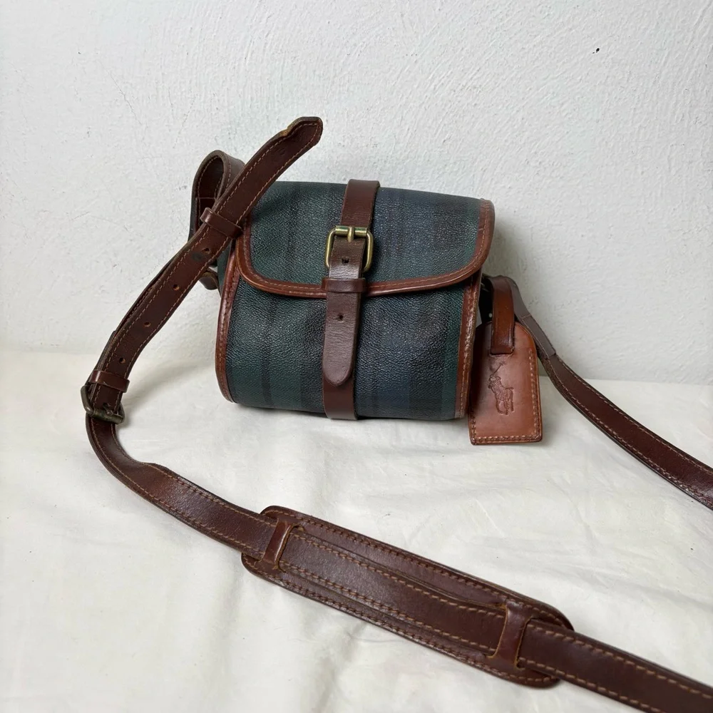 POLO RALPH LAUREN Vintage 90s Tartan Blackwatch Canvas Leather Crossbody Bag - Picture 8 of 14